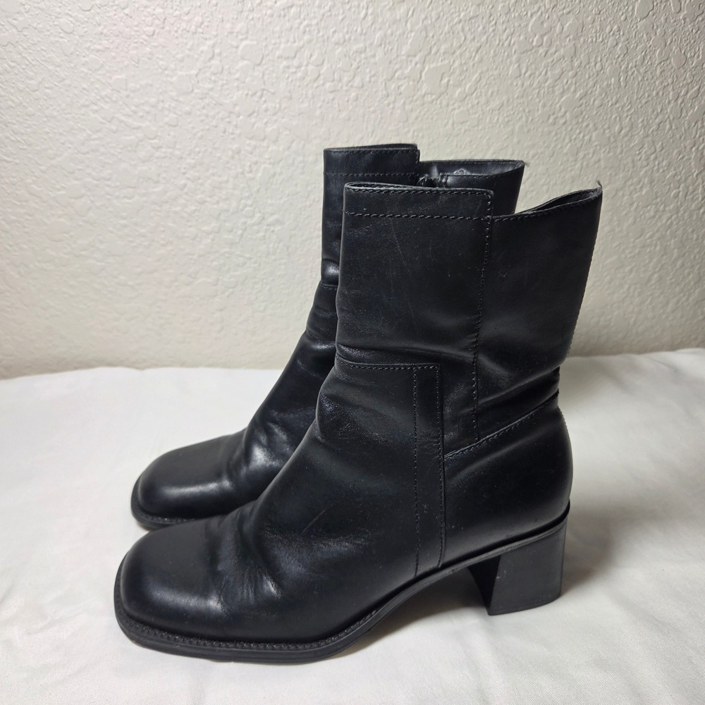 Vintage Black Leather Square Toe Block Heel Ankle Boots Brazil Size 8 S2268